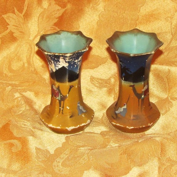 2 Antique Art Deco Vases Brentleigh Ware Ledo Hand Painted Pyramids Desert Camel - Picture 2 of 6